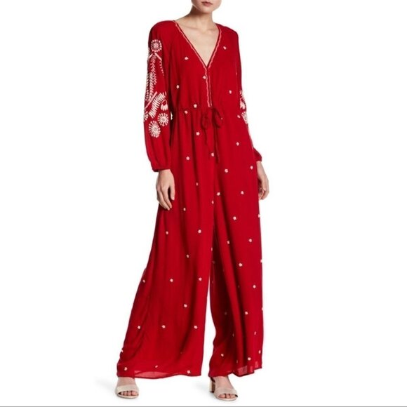 Free People Red Embroidered Romper/Jumpsuit v-neck jumpsuit size XS - Picture 15 of 17